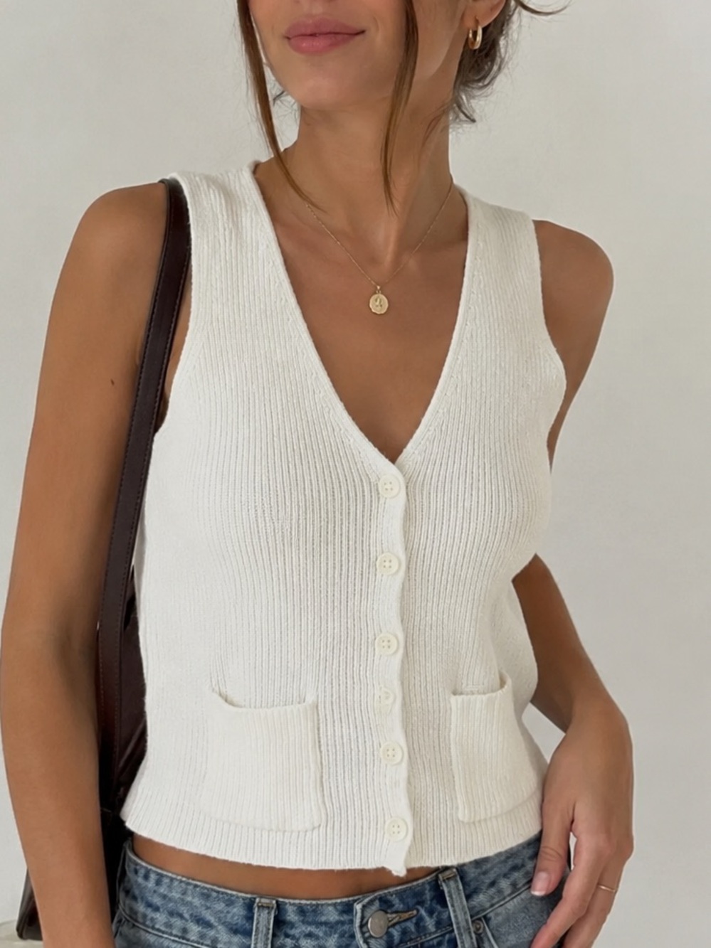 Brandy Melville Ivory Knit Sweater Vest Button Front Ribbed Pocket One Size